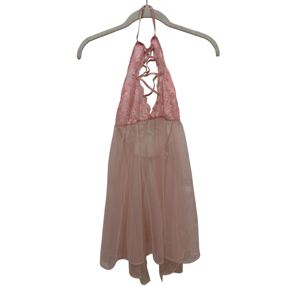 Victoria's Secret Pink Lace Mesh Babydoll Chemise Halter Lace-Up 391164-GYN M